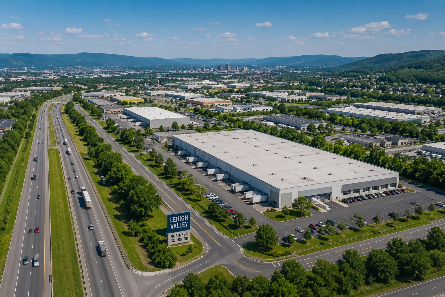 Aerial view of Lehigh Valley commercial real estate corridor with warehouses and highway access