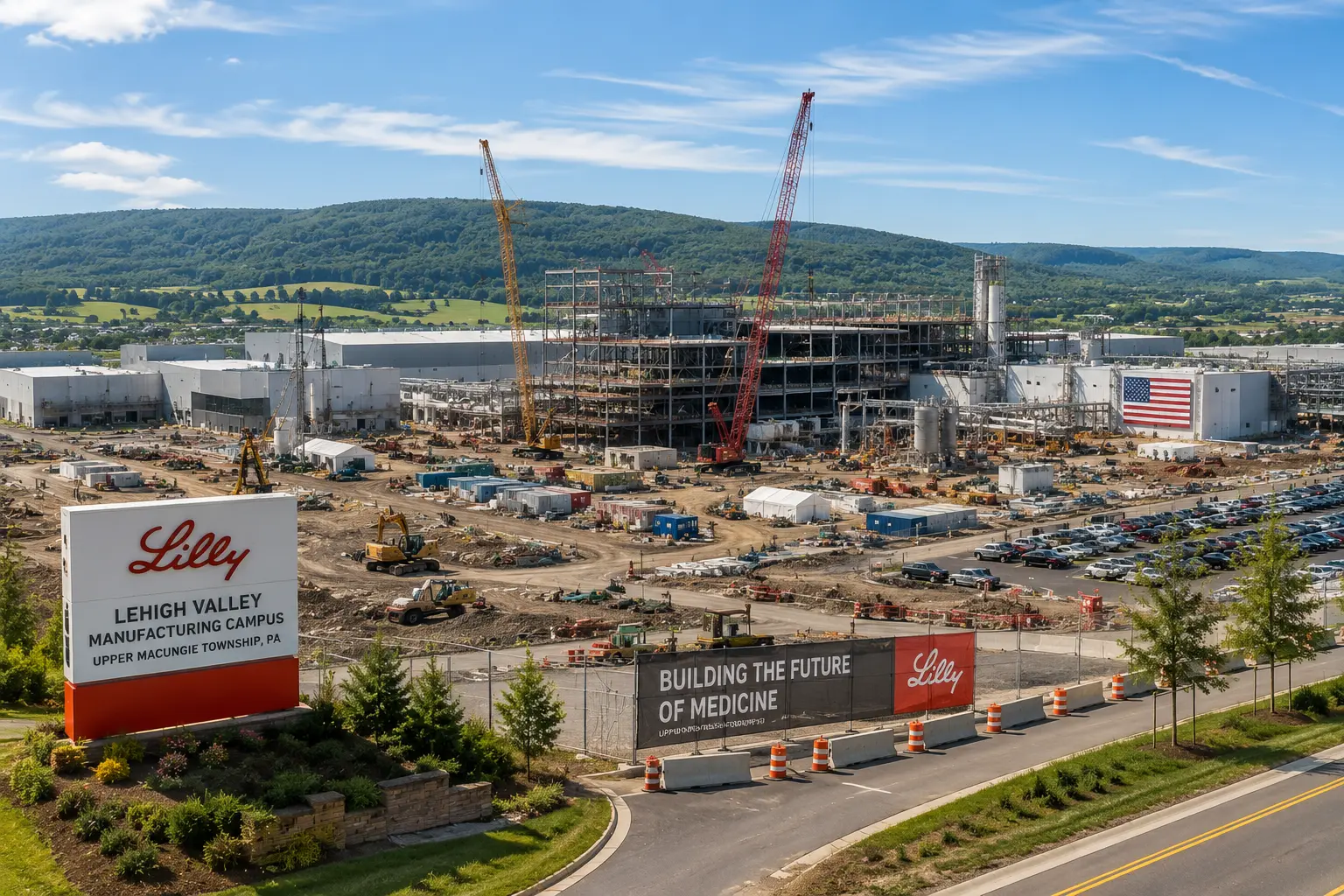 Pharmaceutical manufacturing campus construction site in Lehigh Valley Pennsylvania