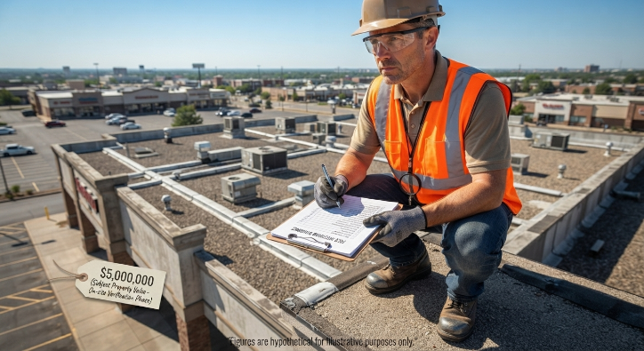 Building inspector reviewing commercial property roof condition