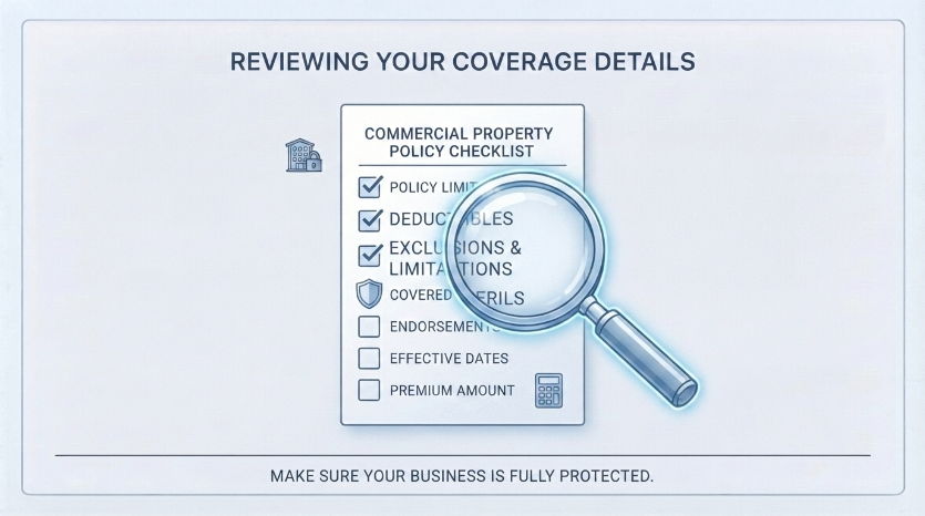 Checklist illustration for reviewing commercial property insurance details 